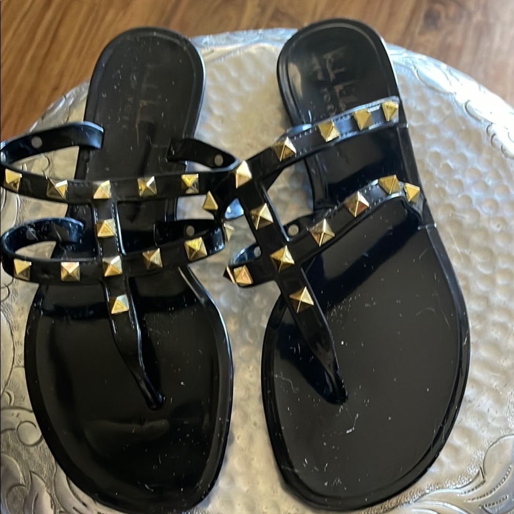 Black and Gold Studded Sandals with Glossy Finish